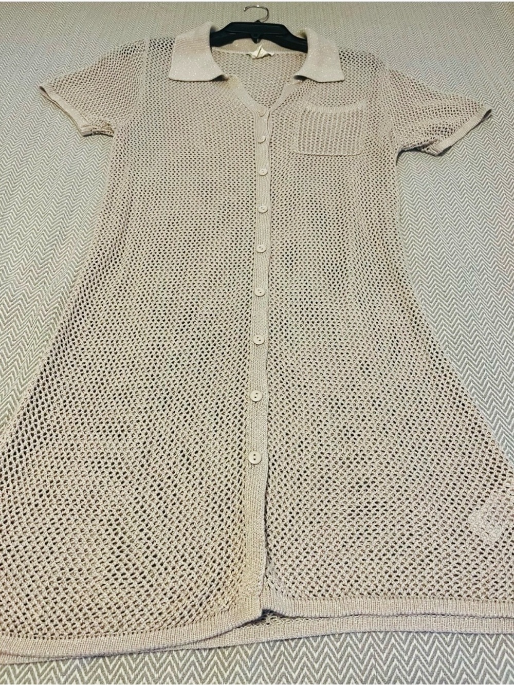 Haute Hippie Metallic Beige Open-Knit Button-Front Shirt Dress or Swim Cover.